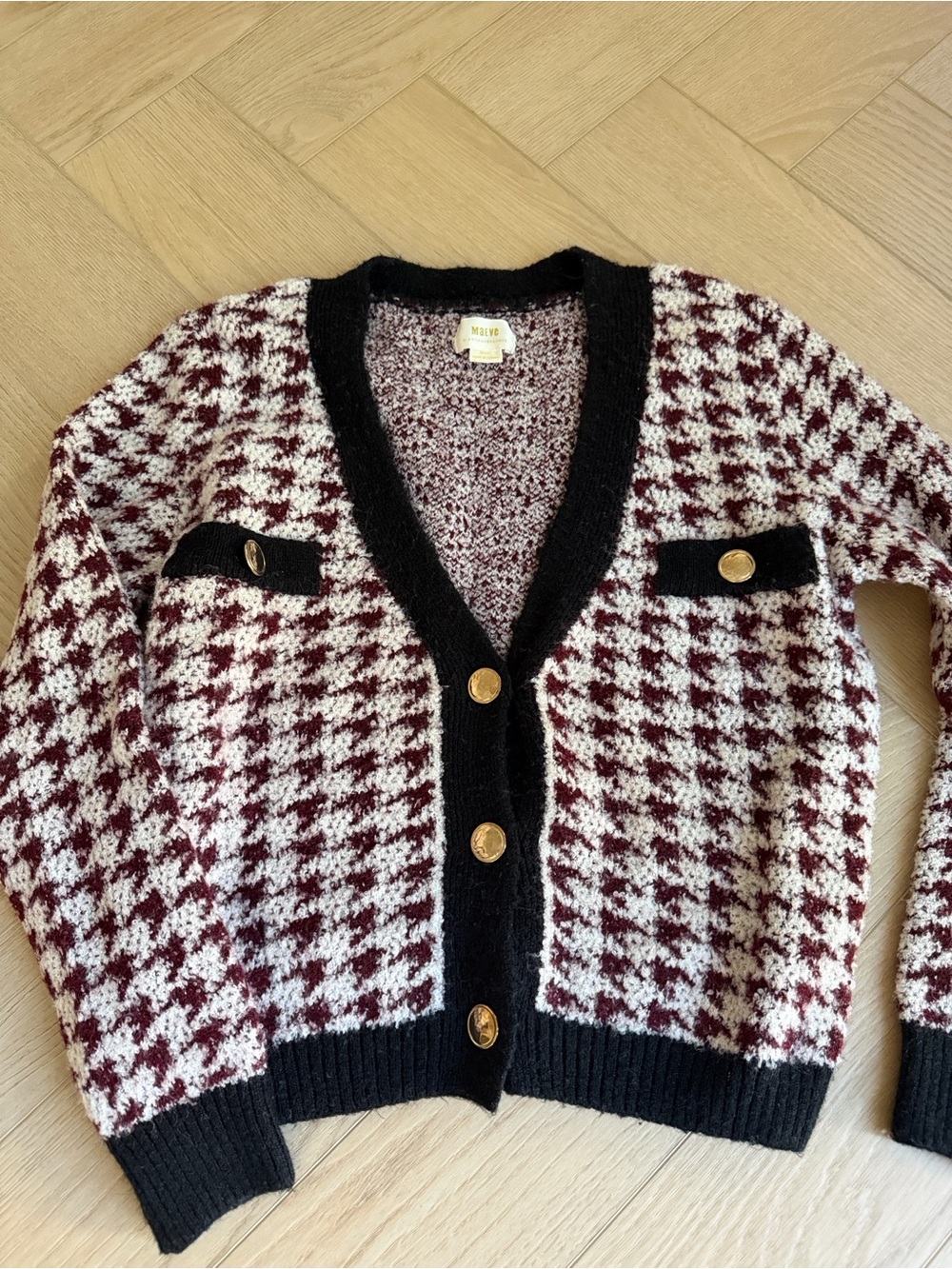 Maeve Burgundy, Cream & Black Houndstooth Knit Cardigan
